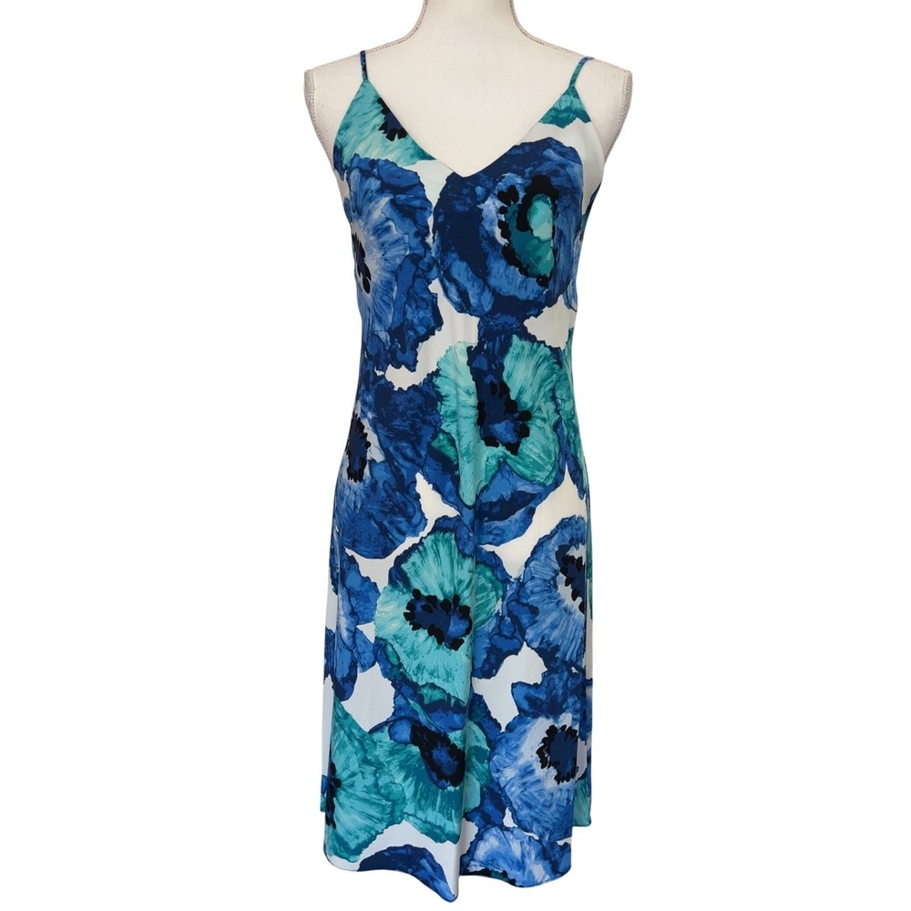 Natori Floral Print Slip Dress V-Neck Mini Blue XS